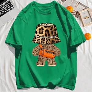 Y2k Vintage Tişört Tee Ayı Leopar Baskı Şapka Baskı