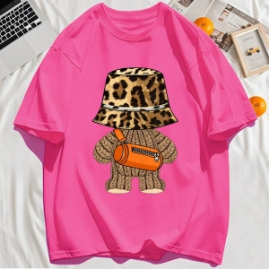 Y2k Vintage Tişört Tee Ayı Leopar Baskı Şapka Baskı