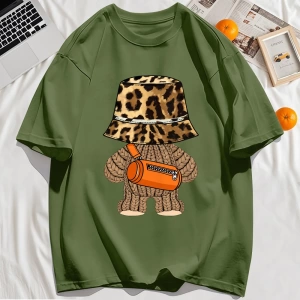 Y2k Vintage Tişört Tee Ayı Leopar Baskı Şapka Baskı