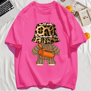 Y2k Vintage Tişört Tee Ayı Leopar Baskı Şapka Baskı