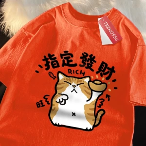 Y2k Vintage Tişört Tee Belirlenmiş servet eğlenceli kedi japon tarzı