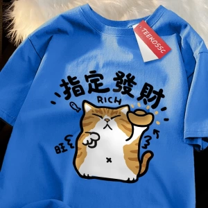 Y2k Vintage Tişört Tee Belirlenmiş servet eğlenceli kedi japon tarzı
