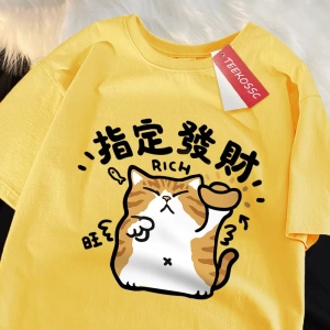 Y2k Vintage Tişört Tee Belirlenmiş servet eğlenceli kedi japon tarzı