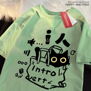 Y2k Vintage Tişört Tee Bir içe dönük kedi eğlenceli baskı japon tarzı