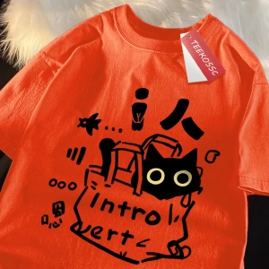 Y2k Vintage Tişört Tee Bir içe dönük kedi eğlenceli baskı japon tarzı
