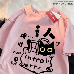 Y2k Vintage Tişört Tee Bir içe dönük kedi eğlenceli baskı japon tarzı