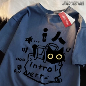 Y2k Vintage Tişört Tee Bir içe dönük kedi eğlenceli baskı japon tarzı