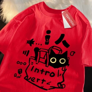 Y2k Vintage Tişört Tee Bir içe dönük kedi eğlenceli baskı japon tarzı