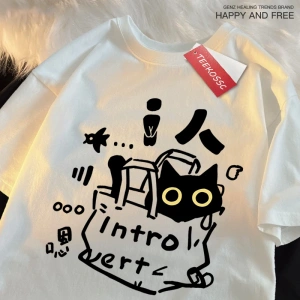 Y2k Vintage Tişört Tee Bir içe dönük kedi eğlenceli baskı japon tarzı