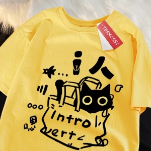 Y2k Vintage Tişört Tee Bir içe dönük kedi eğlenceli baskı japon tarzı