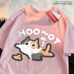 Y2k Vintage Tişört Tee Çiçek kedi erir eğlenceli japon tarzı