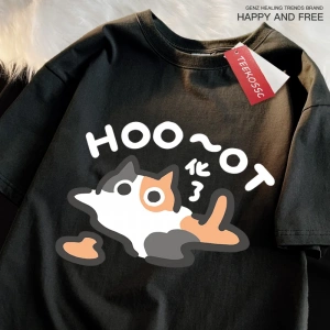 Y2k Vintage Tişört Tee Çiçek kedi erir eğlenceli japon tarzı
