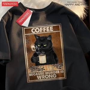 Y2k Vintage Tişört Tee Çünkü Cinayet Yanlış Siyah Kedi Kahve İçmek