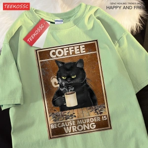 Y2k Vintage Tişört Tee Çünkü Cinayet Yanlış Siyah Kedi Kahve İçmek