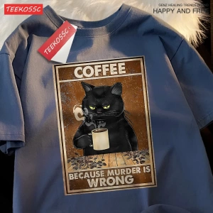 Y2k Vintage Tişört Tee Çünkü Cinayet Yanlış Siyah Kedi Kahve İçmek
