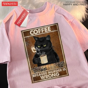 Y2k Vintage Tişört Tee Çünkü Cinayet Yanlış Siyah Kedi Kahve İçmek
