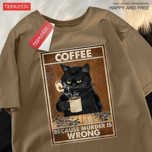 Y2k Vintage Tişört Tee Çünkü Cinayet Yanlış Siyah Kedi Kahve İçmek