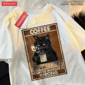 Y2k Vintage Tişört Tee Çünkü Cinayet Yanlış Siyah Kedi Kahve İçmek