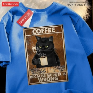 Y2k Vintage Tişört Tee Çünkü Cinayet Yanlış Siyah Kedi Kahve İçmek