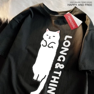 Y2k Vintage Tişört Tee Eğlenceli ince beyaz kedi japon tarzı