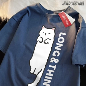 Y2k Vintage Tişört Tee Eğlenceli ince beyaz kedi japon tarzı