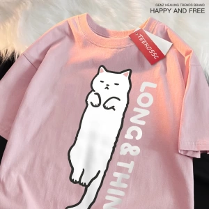 Y2k Vintage Tişört Tee Eğlenceli ince beyaz kedi japon tarzı