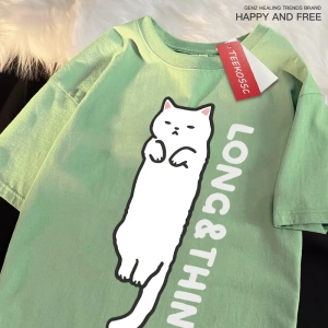 Y2k Vintage Tişört Tee Eğlenceli ince beyaz kedi japon tarzı