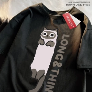 Y2k Vintage Tişört Tee Eğlenceli ince gri kedi baskı japon tarzı