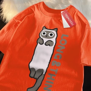 Y2k Vintage Tişört Tee Eğlenceli ince gri kedi baskı japon tarzı