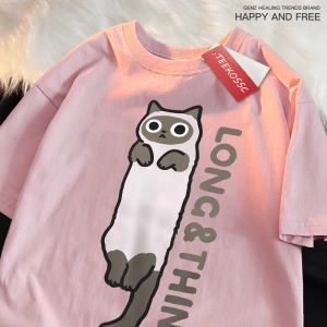 Y2k Vintage Tişört Tee Eğlenceli ince gri kedi baskı japon tarzı