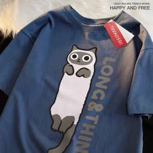 Y2k Vintage Tişört Tee Eğlenceli ince gri kedi baskı japon tarzı