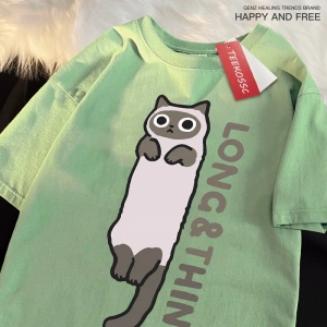 Y2k Vintage Tişört Tee Eğlenceli ince gri kedi baskı japon tarzı
