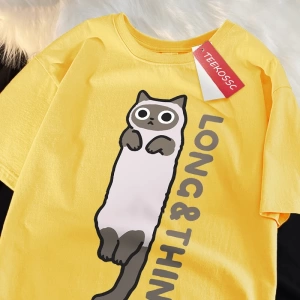 Y2k Vintage Tişört Tee Eğlenceli ince gri kedi baskı japon tarzı