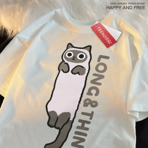 Y2k Vintage Tişört Tee Eğlenceli ince gri kedi baskı japon tarzı