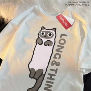 Y2k Vintage Tişört Tee Eğlenceli ince gri kedi baskı japon tarzı