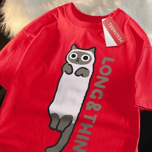 Y2k Vintage Tişört Tee Eğlenceli ince gri kedi baskı japon tarzı
