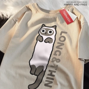 Y2k Vintage Tişört Tee Eğlenceli ince gri kedi baskı japon tarzı