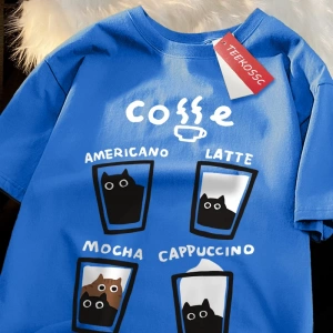 Y2k Vintage Tişört Tee Eğlenceli kahve kedi japon tarzı