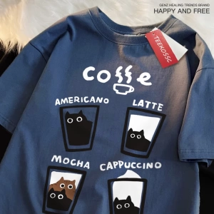 Y2k Vintage Tişört Tee Eğlenceli kahve kedi japon tarzı