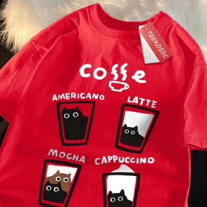 Y2k Vintage Tişört Tee Eğlenceli kahve kedi japon tarzı