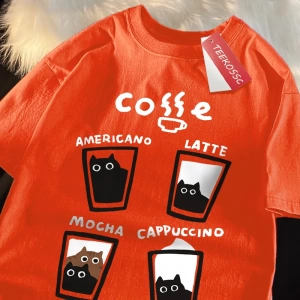 Y2k Vintage Tişört Tee Eğlenceli kahve kedi japon tarzı