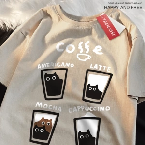 Y2k Vintage Tişört Tee Eğlenceli kahve kedi japon tarzı