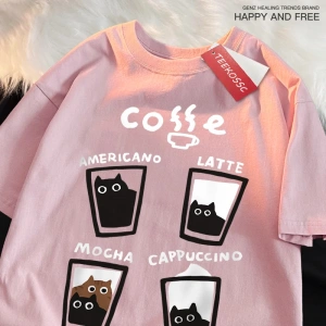 Y2k Vintage Tişört Tee Eğlenceli kahve kedi japon tarzı