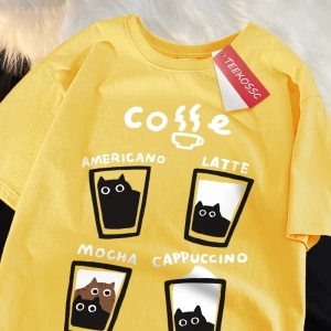 Y2k Vintage Tişört Tee Eğlenceli kahve kedi japon tarzı