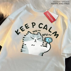Y2k Vintage Tişört Tee Eğlenceli Kedi Saç Kurutma Makinesi Kullanarak Japon Tarzı