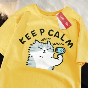 Y2k Vintage Tişört Tee Eğlenceli Kedi Saç Kurutma Makinesi Kullanarak Japon Tarzı