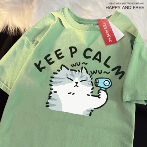 Y2k Vintage Tişört Tee Eğlenceli Kedi Saç Kurutma Makinesi Kullanarak Japon Tarzı