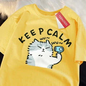 Y2k Vintage Tişört Tee Eğlenceli Kedi Saç Kurutma Makinesi Kullanarak Japon Tarzı