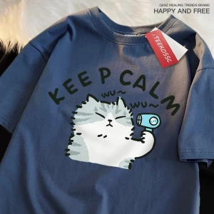 Y2k Vintage Tişört Tee Eğlenceli Kedi Saç Kurutma Makinesi Kullanarak Japon Tarzı