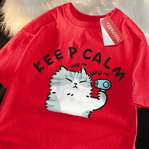 Y2k Vintage Tişört Tee Eğlenceli Kedi Saç Kurutma Makinesi Kullanarak Japon Tarzı